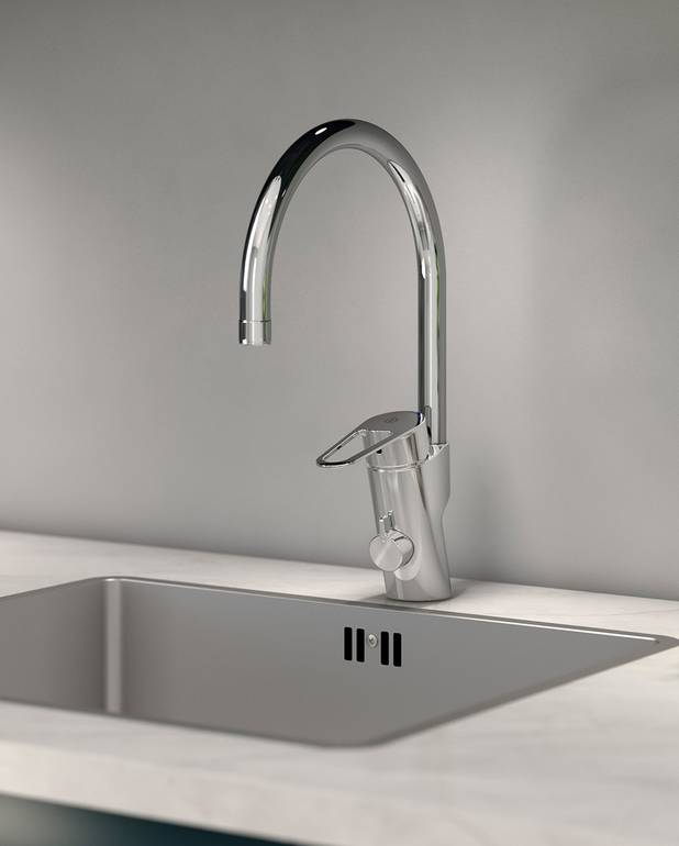 Kitchen mixer New Nautic - high Spout - Contains less than 0.1% lead 
Energy Class B
Cold-start, only cold water when the lever is in straight forward position