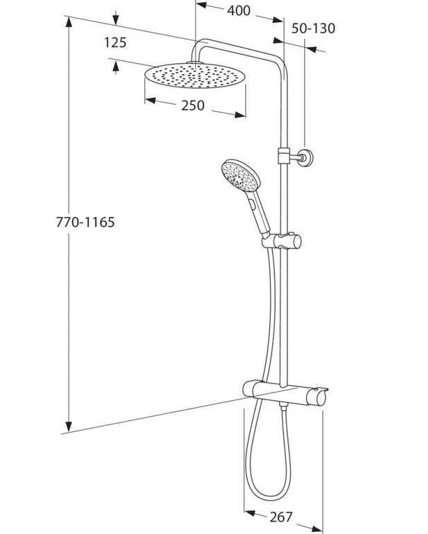  - Super slim head shower with generous water flow
3-functional hand shower with a pushbutton
Mixer where modern shape is combined with good function
