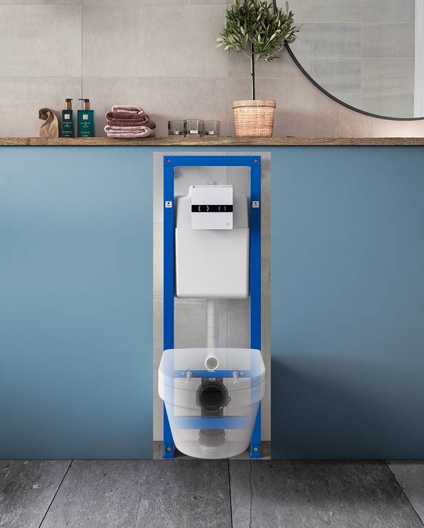 Triomont XS -asennusteline – seinäpainikkeella varustetulle WC-istuimelle - Huuhtelu voidaan asettaa myös 4/2 l
Painikkeita saatavana laaja valikoima eri materiaaleja ja värejä 
Sopii asennettavaksi suoralle seinälle tai kulmaan