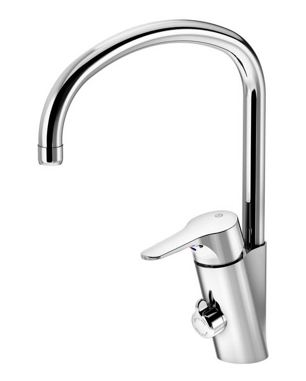 Kitchen mixer Nautic - high spout - Energy class B, saves energy and water 
Adjustable comfort flow and comfort temperature
Outlet for table-top dishwasher in rear