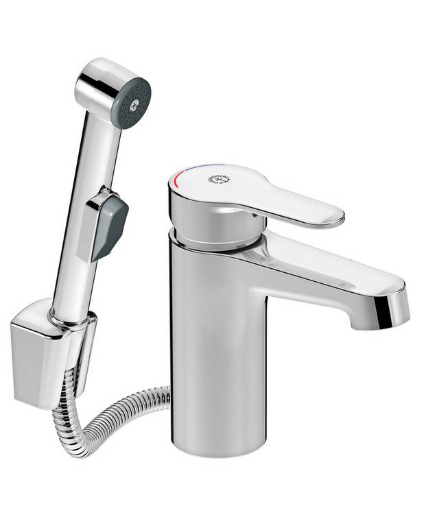 Washbasin mixer Nordic³ - Hidden aerator with coin slot grip for easy cleaning
Side sprayer facilitates cleaning and intimate hygiene
Tactile feel in the lever