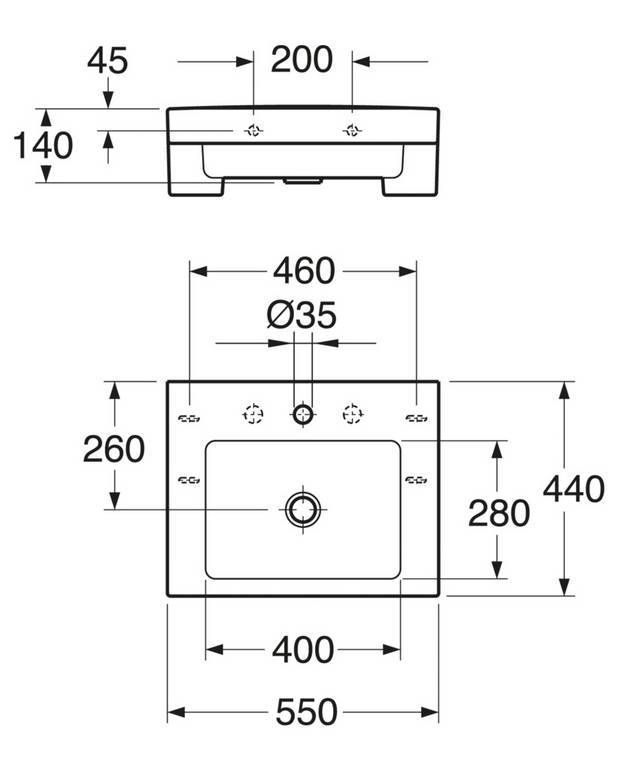 Tvättställ Artic 4550 - för bult/konsolmontage 55 cm - Design med raka linjer och räta vinklar
Helt dolda konsoler ger snyggt montage
För bult- eller konsolmontage