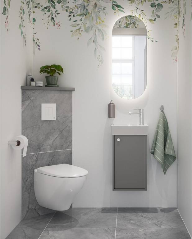 All In One – įskaitant tvirtinimo elementą, „Nautic 1530“ tualetą ir valdymo skydelį - Tvarkingas montavimas, su minimaliu matomų vamzdžių kiekiu
„Nautic“ tualetas su higienišku nuleidimu, švelniai uždaromu dangčiu ir paslėptu fiksavimu
Valdymo skydelis su dvigubu nuleidimu
