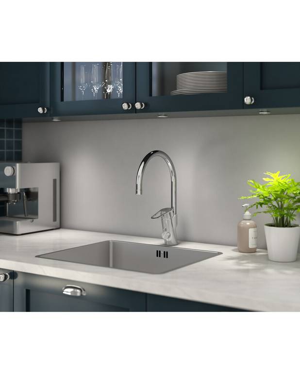 Kitchen mixer New Nautic - high Spout - Contains less than 0.1% lead 
Energy Class A
Cold-start, only cold water when the lever is in straight forward position