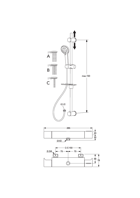 Duschblandare Atlantic - termostat - Energiklass A, sparar vatten och energi
3-funktions handdusch med antikalkfunktion
Fästes med skruv eller lim