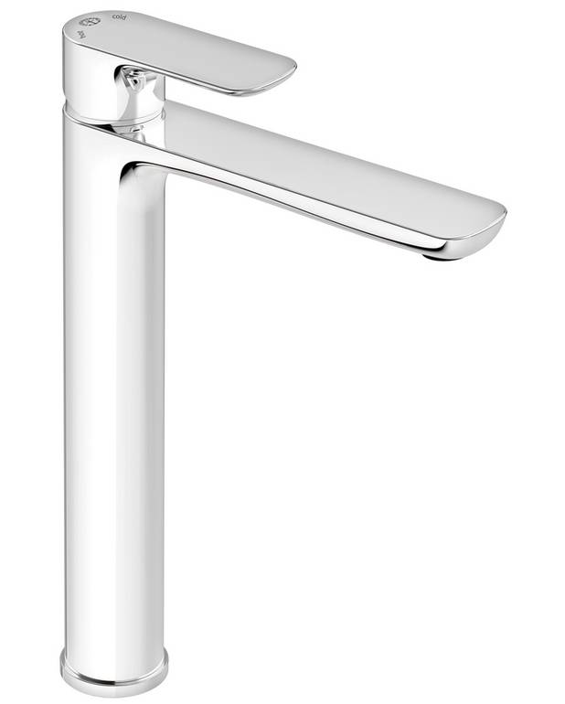 Tvättställsblandare Estetic - hög modell - Passar tvättställsskålar monterade ovan skiva
Eco-stopp, justerbart maxflöde
Finns i krom, matt svart och matt vit