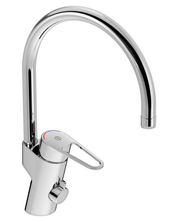 Kitchen mixer New Nautic - high Spout - ECO Flow adapted flow
All components made in food approved materials
Cold-start, only cold water when the lever is in straight forward position