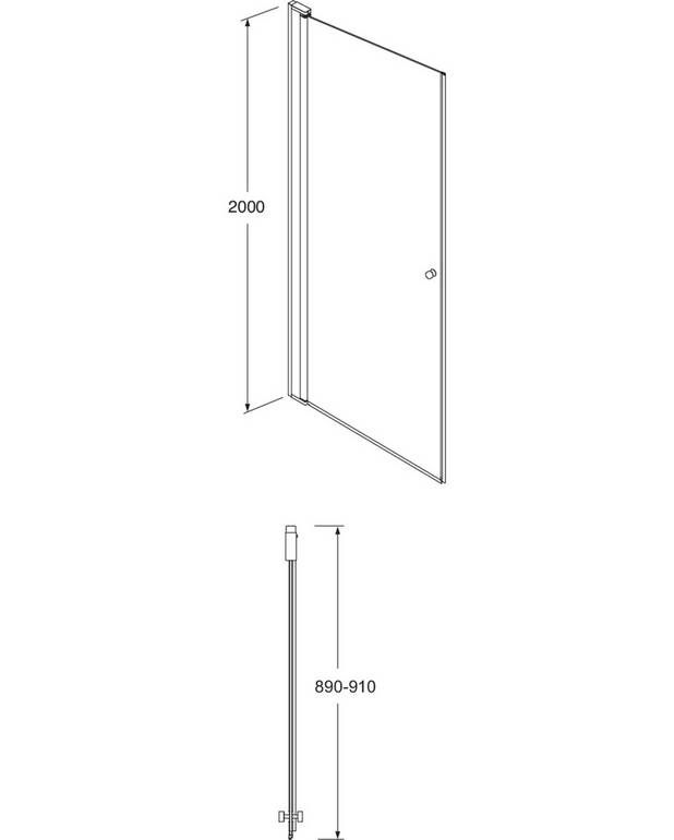 Square dør til brusekabine - Vendbar højre/venstre-montering
Tilpassede dørprofiler for hurtig og simpel montering
Matte sorte profiler og dørgreb