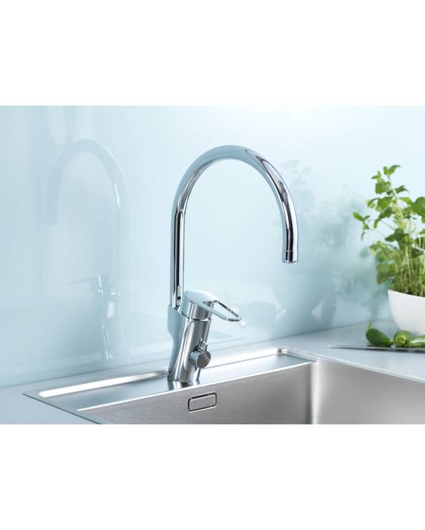 Kitchen mixer New Nautic - high Spout - Contains less than 0.1% lead 
Energy Class A
Cold-start, only cold water when the lever is in straight forward position