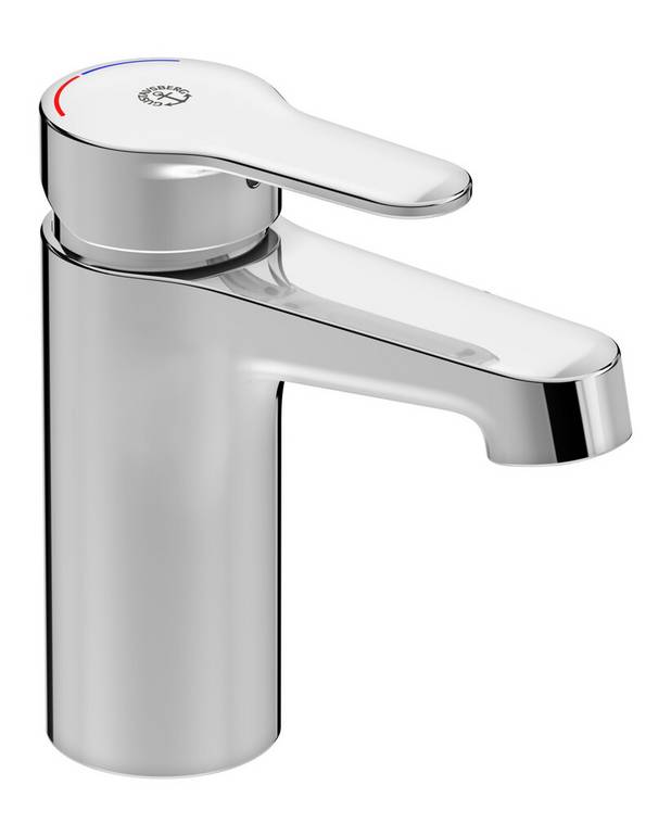 Tvättställsblandare Nordic³ - Dold strålsamlare med nyckelgrepp för enklare rengöring
Taktil känsla i spaken
Spak med tydlig färgmarkering för ​varm- och kallvatten