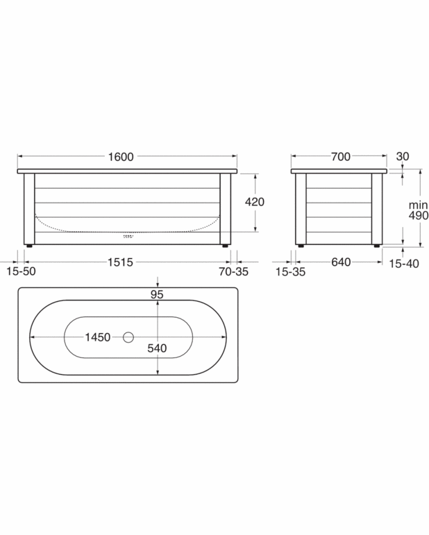 Esipaneelita vann Duo - 1600x700 - Kaks kaldus peatsit, sobib kahele inimesele
Valmistatud emailitud lehtterasest
Komplekteeritakse esi- ja otsapaneeliga raamiga.