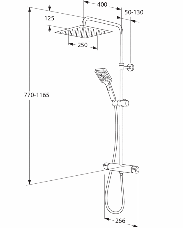 Shower column Nordic³ Square - Super slim head shower with generous water flow
3-functional hand shower with a pushbutton
Functional mixer in classic Scandinavian design