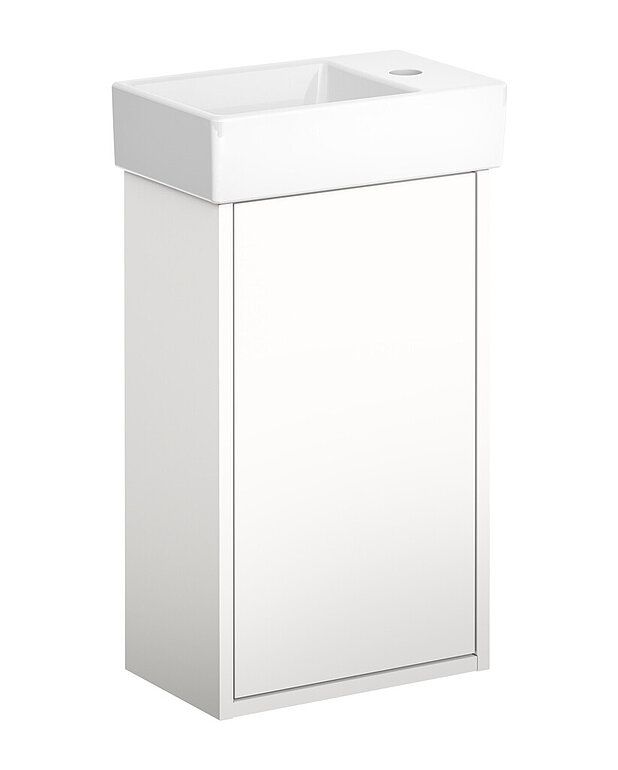 Undercabinet Artic Small - Wash basin made from hygienic, durable and densely sintered ceramic sanitary ware
Opening in cabinet for drain pipe towards the floor
Water drain and bottom valve not included. See accessories