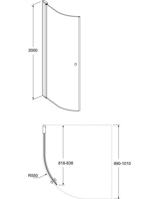 Round brusedør uden anslagsliste - Vendbar højre/venstre-montering
Tilpassede dørprofiler for hurtig og simpel montering
Blankpolerede profiler og dørgreb