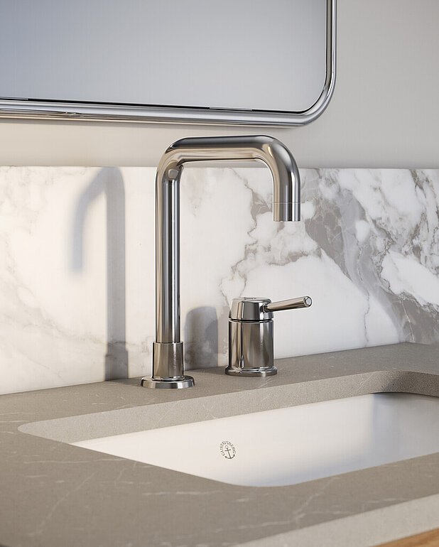 Washbasin mixer Ducentic - Created for the 200 year anniversary of Gustavsberg, celebrating the heritage of caftsmanship and design
Swiveling spout, can be locked at 0, 60 or 110 degrees
Contains less than 0.1% lead