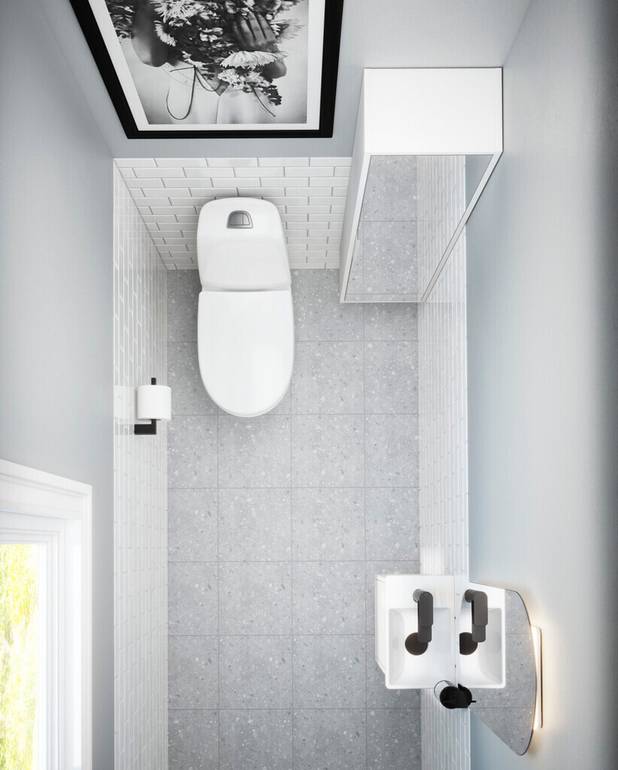 Undercabinet Artic Small - Wash basin made from hygienic, durable and densely sintered ceramic sanitary ware
Opening in cabinet for drain pipe towards the floor
Water drain and bottom valve not included. See accessories