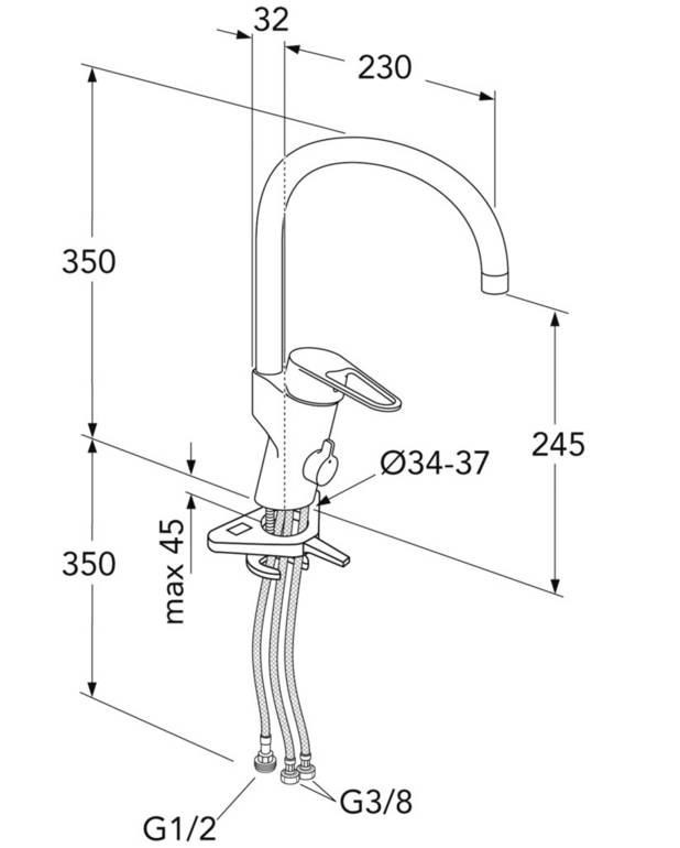 Köksblandare Nya Nautic - hög pip - Greppvänlig spak med tydlig färgmarkering för ​varm- och kallvatten
Patenterad snabbmonteringsmutter för enkelt montage
Svängbar utloppspip 110° (spärr för 0° och 60° ingår)