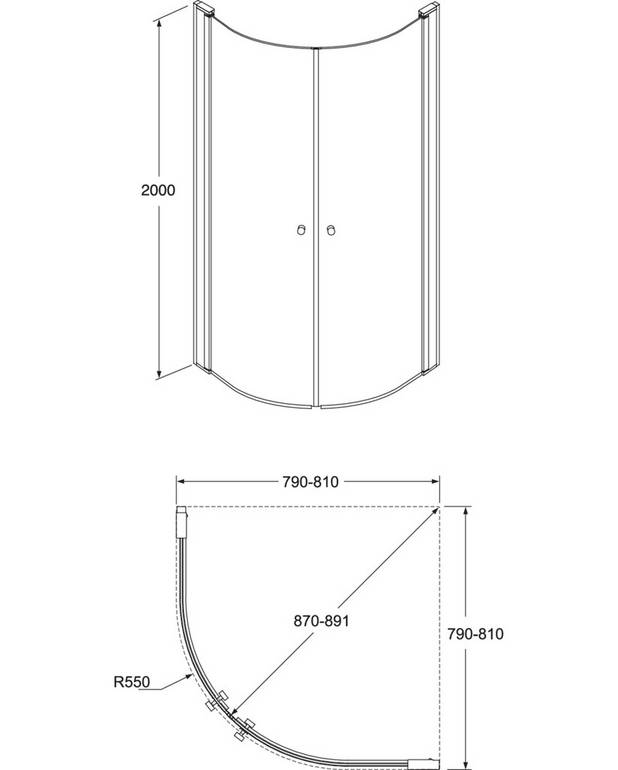Round brusedøre til hjørnemontering - Tilpassede dørprofiler for hurtig og simpel montering
Vendbar højre/venstre-montering af dør
Blankpolerede profiler og dørgreb