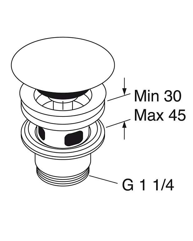 Push-down valve - White - With porcelain plug
Dimensions of bathroom sink: min. 30 mm, max. 45 mm