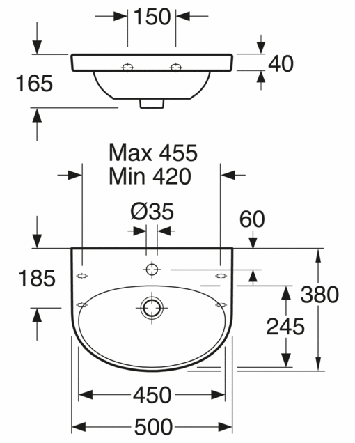 Håndvask Nautic 5550 - til bolt-/konsolmontering 50 cm - Rengøringsvenligt og minimalistisk design
Ellipseformet bassin og god afsætningsplads
Til montering med bolte eller konsol