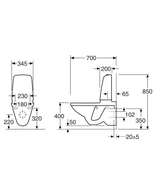 Vägghängd toalett Nautic 5522 - med tank - Städvänlig och minimalistisk design
Utrymme bakom tank för enklare rengöring
Ergonomisk förhöjd spolknapp