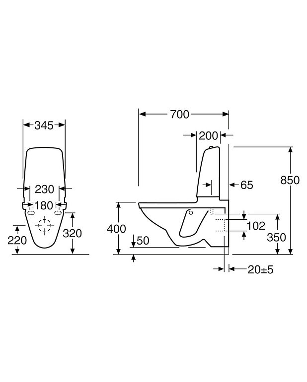 Seinään kiinnitettävä WC Nautic 5522 - säiliöllä - Mittapiirros - 5522.jpg