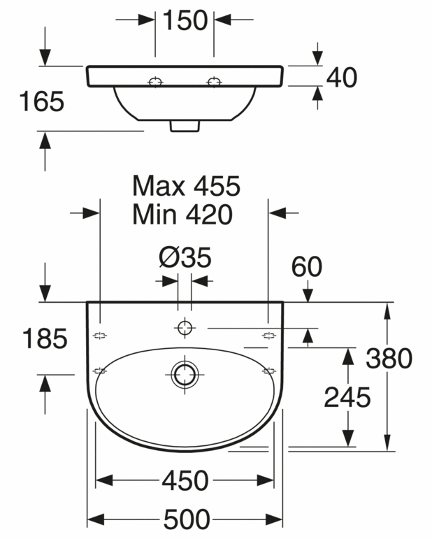 Small bathroom sink Nautic 5550 - for bolt/bracket mounting 50 cm - Easy-to-clean and minimalist design
Elliptical sink with generous counter spaces
For bolt or bracket mounting