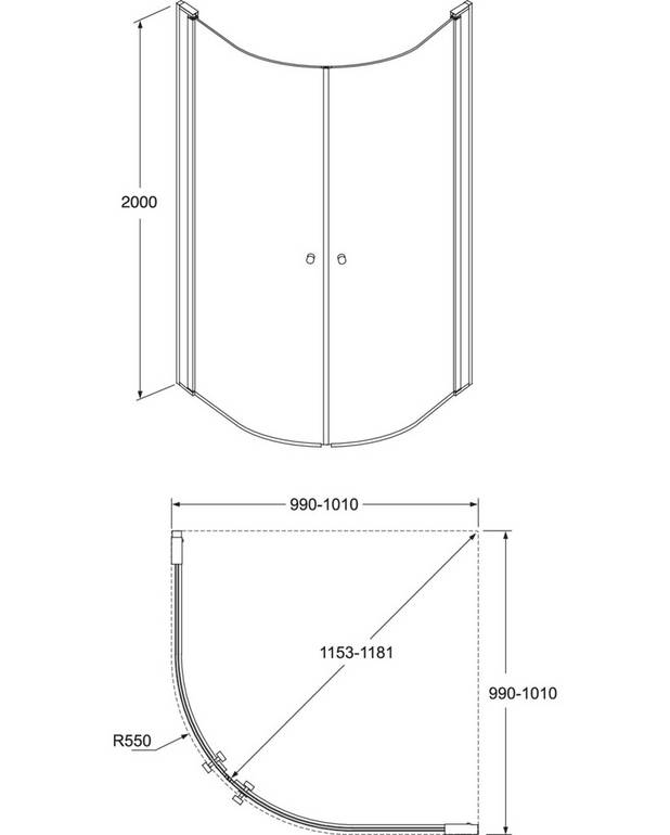 Pusapaļas  dušas durvju komplekts - Iepriekš samontēti durvju profili ātrai un vienkāršai montāžai
Durvis universālas uzstādīšanai labajā vai kreisajā pusē
Pulēti profili un durvju rokturi
