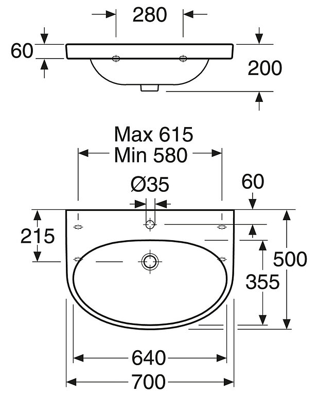 Bathroom sink Nautic 5570 - for bolt/bracket mounting 70 cm - Easy-to-clean and minimalist design
Elliptical sink with generous counter spaces
For bolt or bracket mounting