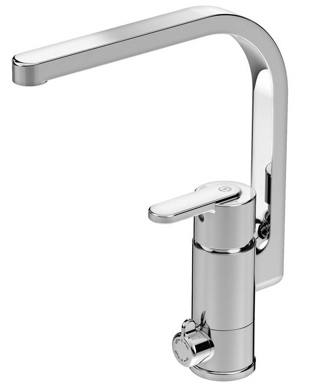  - Adjustable max temperature for safer scalding protection
High spout for easy rinsing of pots and buckets
Pivoting spout 110° standard or 60°