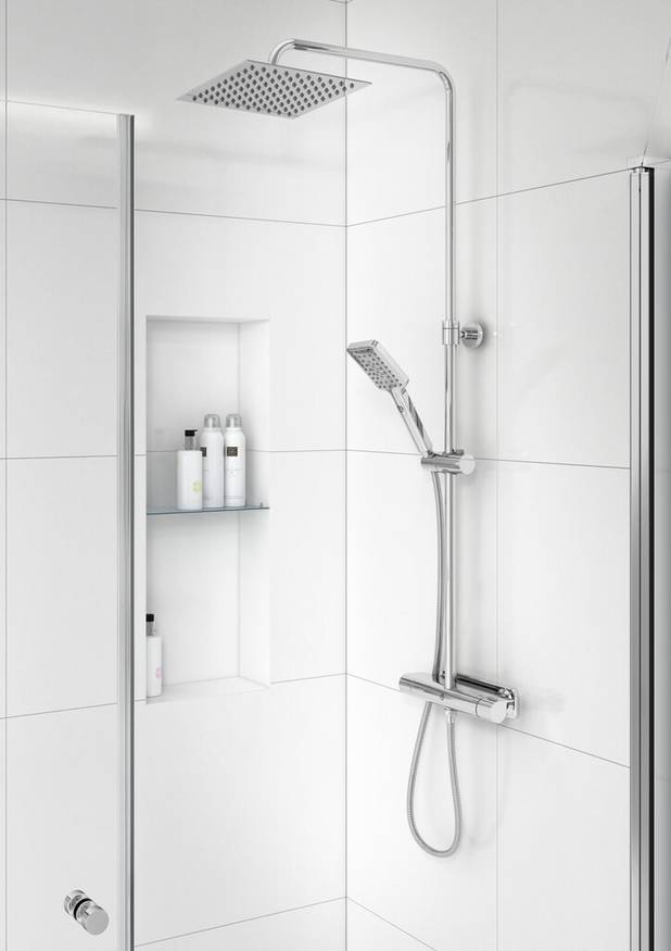Dušas kolonna Estetic Square - Including smart shelf for more storage space
Maintains even water temperature during pressure and temperature changes
Combines nicely with our various shower sets