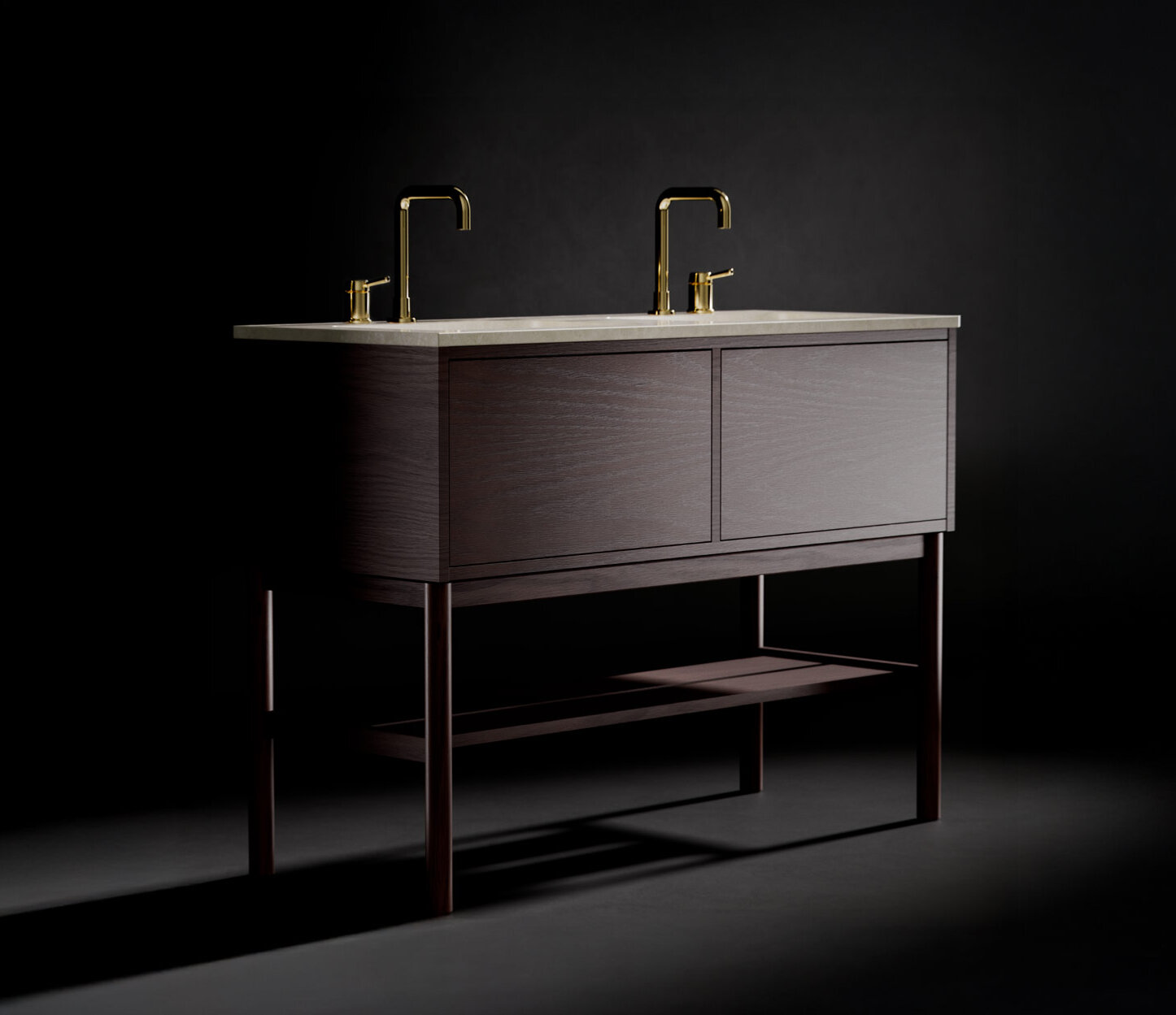 Ducentic bathroom furniture in dark oak, double washbasin mixer in brass and beige stone top.