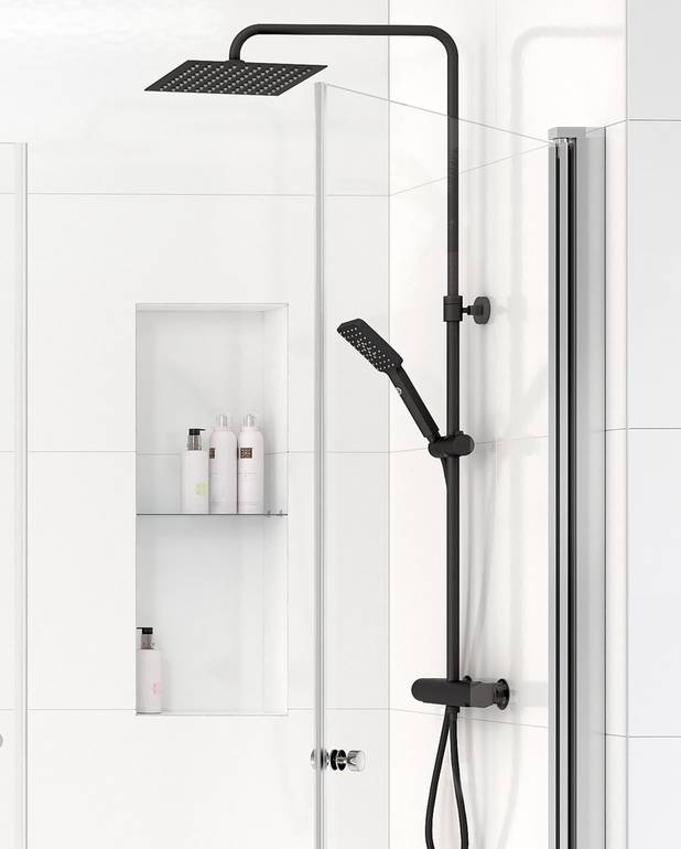  - Super slim head shower with generous water flow
3-functional hand shower with a pushbutton
Mixer where modern shape is combined with good function