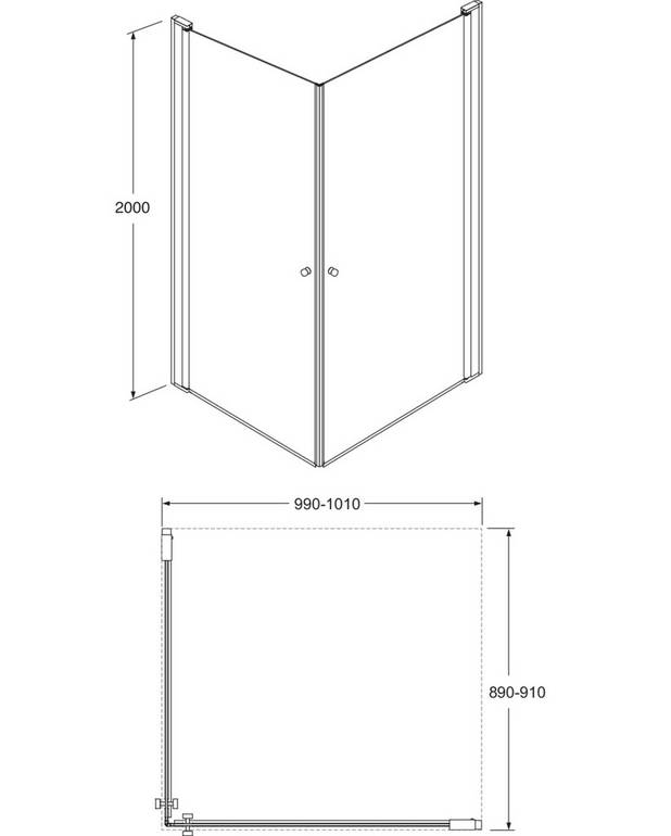 Square shower door set - Pre-fitted door profiles for quick and simple installation
Doors reversible for right/left-hand installation
Polished profiles and door handles