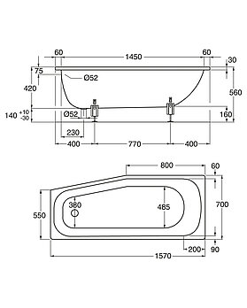 Epäsymmetrinen upotettava amme 2580 - 1570x700 mm, oikea - Mittapiirros - 2580.jpg