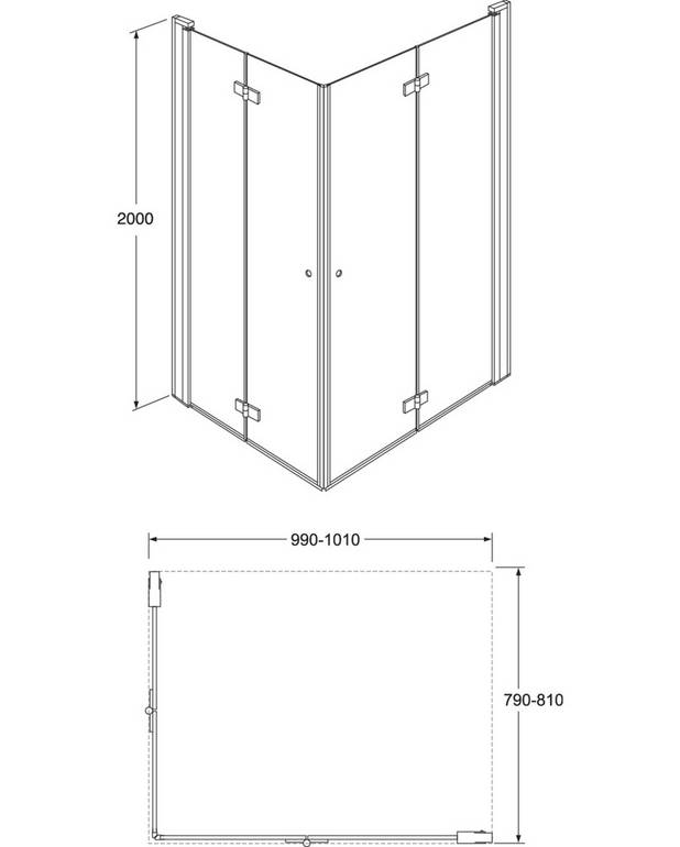Square saliekams dušas durvju stūra komplekts - Saliekamas durvis, aizņem mazāk vietas
Var izmantot arī šaurās vietās, kurās saliekšanas funkcija atrisina problēmu
Stūra konfigurācija norādīta kā “Kreisais” x “Labais”, skatoties stāvus pozīcijā dušas priekšpusē
