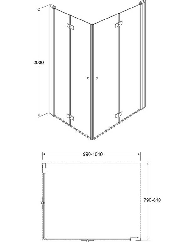 Square Vikbara Duschdörrar, par - Vikbar dörr som tar mindre plats
Kan med fördel användas även där det är trångt, då vikbarheten löser problemen
Hörnkonfiguration mått enligt 