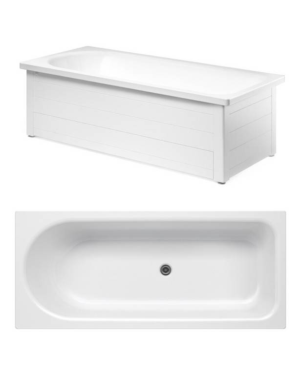 Bathtub with front panel, Combi – 1600 x 700 - Made of titanium steel and enamel, an extremely durable combination
Rounded head end to support the back, and large shower space at the foot end
Adjustable feet for a stable tub – on uneven floors, too