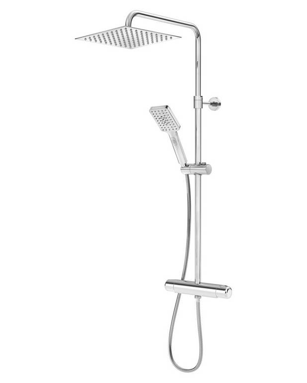 Kvadratinis „Logic“ lietaus dušas virš galvos - Super slim head shower with generous water flow
3-functional hand shower with a pushbutton
Mixer with pure, unbroken lines and soft contours