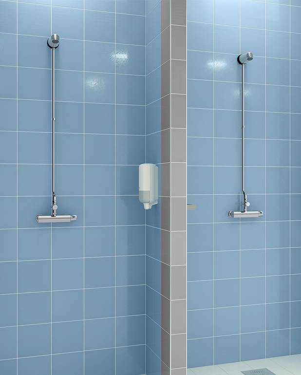 Shower faucet Nautic - thermostat - Preset flushing time ~ 30 sek. 
Flow 9 l/min at 3 bar
Built-in automatic hot water block for scald protection