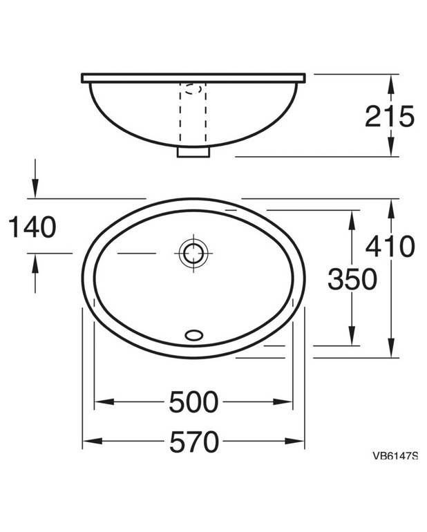 Tvättställ 6147 98 - för undermontering 57 cm - Oval design
För undermontering under bänkskiva