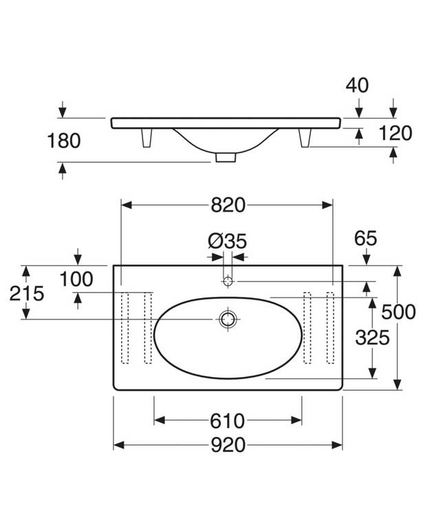 Håndvask Nautic 5592 - til konsolmontering 92 cm - Rengøringsvenligt og minimalistisk design
Ellipseformet bassin og god afsætningsplads
Til montering på konsol eller Nautic møbler