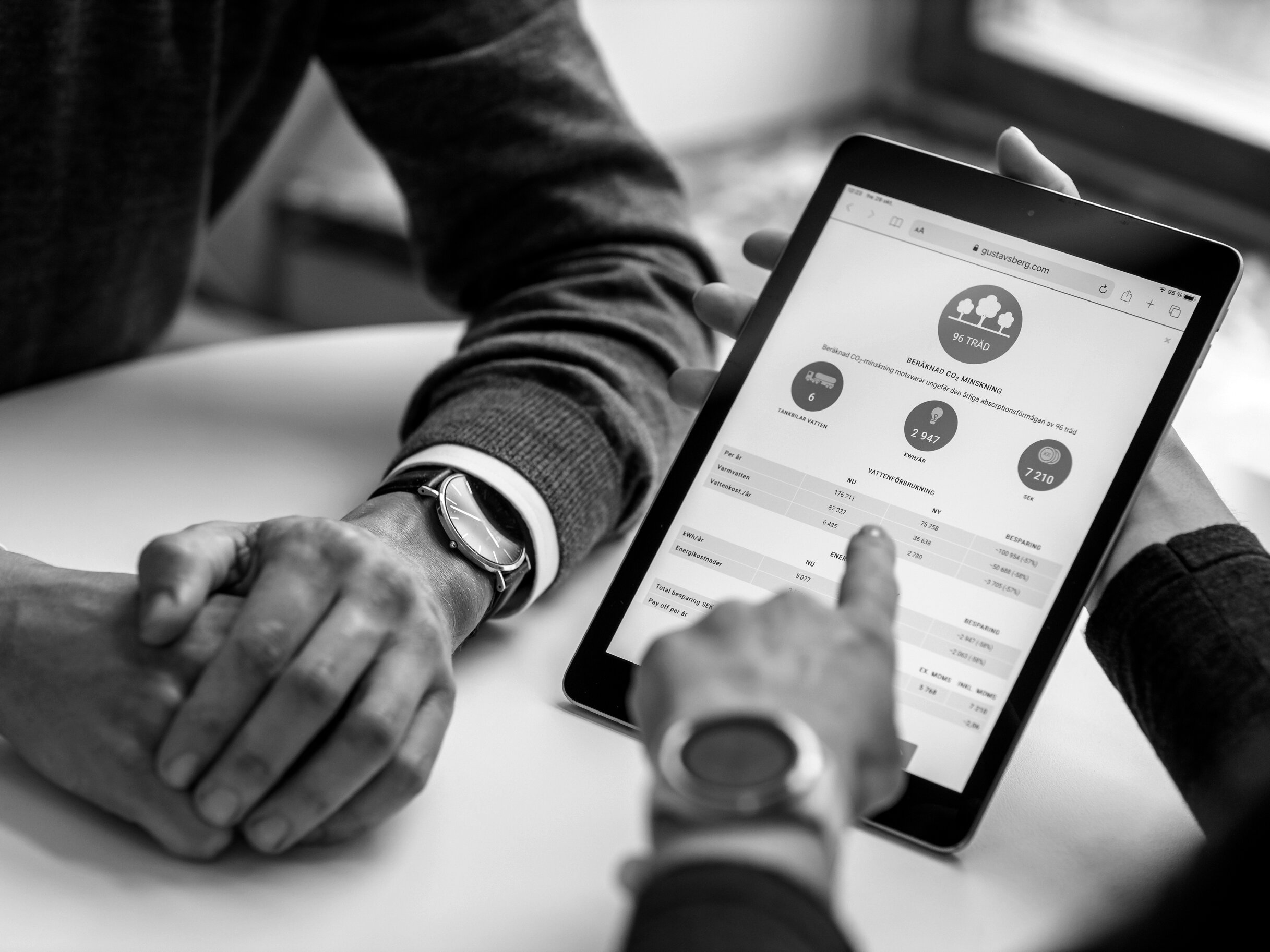Two people are sitting at a table while one person is using a tablet that displays an interface an energy calculator.