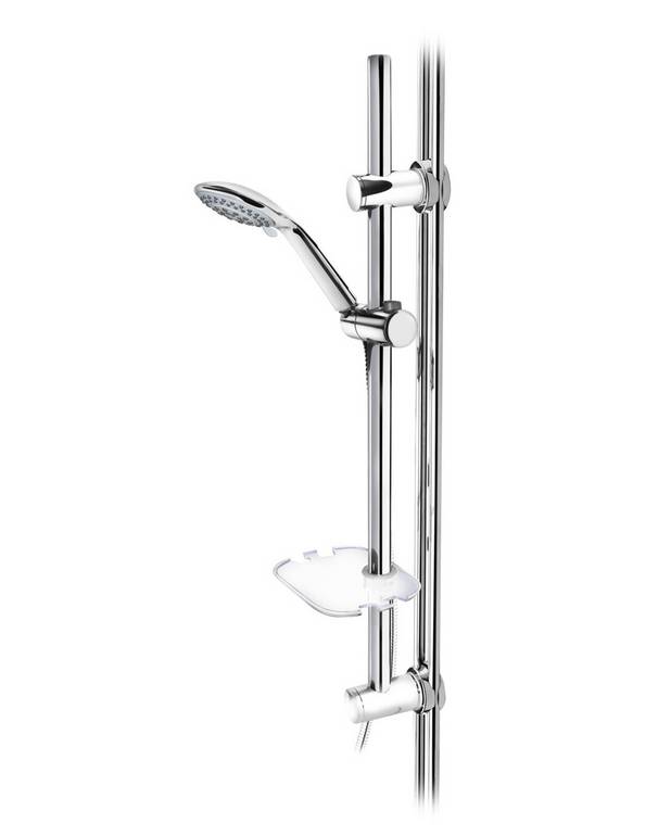 Shower set - Mounted on connection pipe Ã˜15 or Ã˜12 
3-function hand shower
Smart shelf with practical hooks