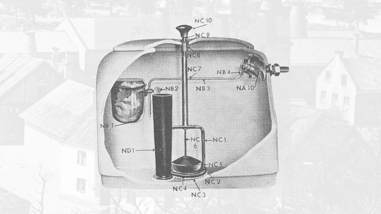 Black-and-white photo of a Gustavsberg toilet showcasing the flushing mechanism, with labeled parts, shown in cross-section against a faded background.