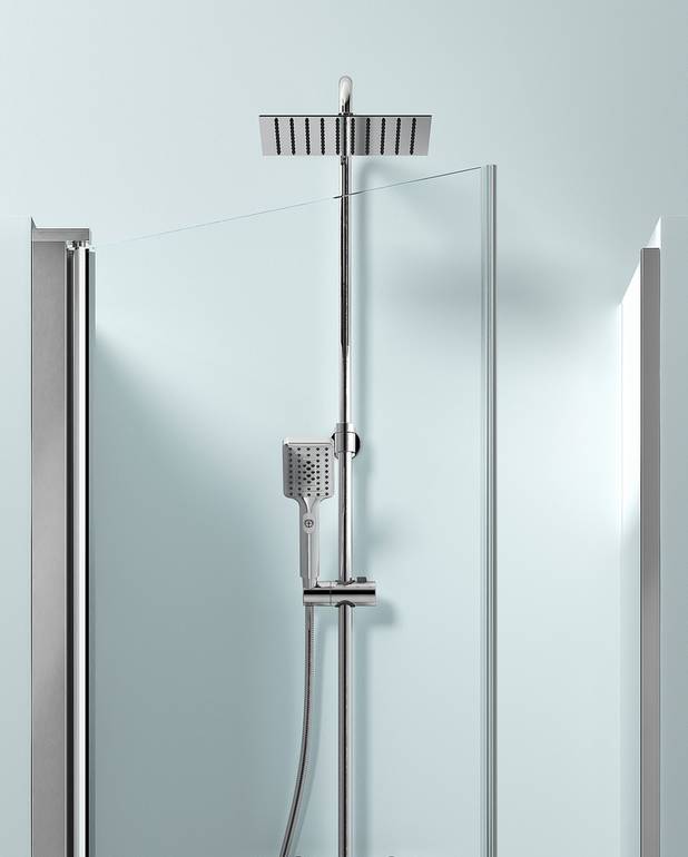 Kvadratinis „Logic“ lietaus dušas virš galvos - Super slim head shower with generous water flow
3-functional hand shower with a pushbutton
Mixer with pure, unbroken lines and soft contours