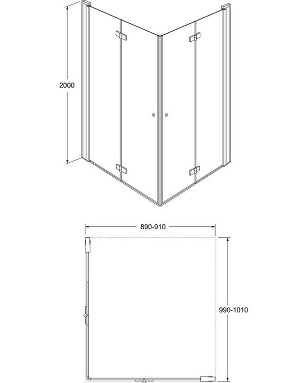 Square saliekams dušas durvju stūra komplekts - Saliekamas durvis, aizņem mazāk vietas
Var izmantot arī šaurās vietās, kurās saliekšanas funkcija atrisina problēmu
Stūra konfigurācija norādīta kā “Kreisais” x “Labais”, skatoties stāvus pozīcijā dušas priekšpusē