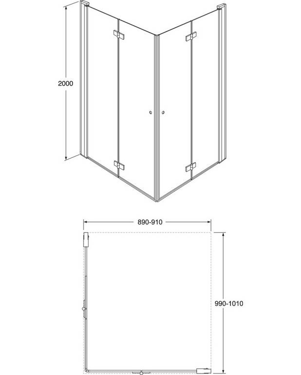 Square Foldable shower door corner set - Foldable door, takes up less space
Can be used even in tight spaces where the folding function solves the problem
Corner configuration specified as 