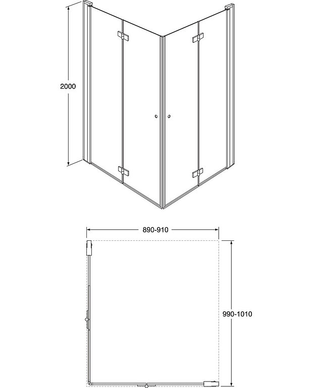 Square taittuva suihkuovisetti kulmaan - Mittapiirros - Square_folding_door_100x90_web.jpg