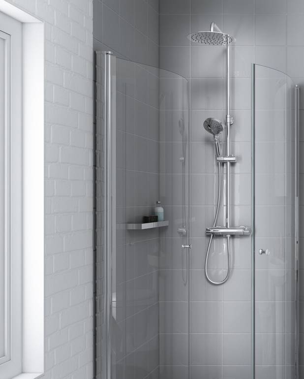 Shower column Nordic³ Round - Super slim head shower with generous water flow
3-functional hand shower with a pushbutton
Functional mixer in classic Scandinavian design